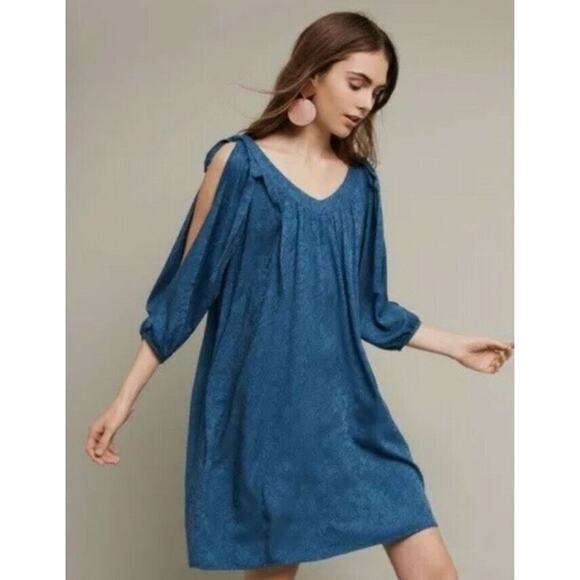 Holding Horses Women's Blue Damask Tie Shoulder Mini Shift Dress Size Medium - Picture 1 of 9